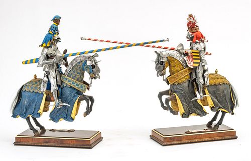 JOUSTING KNIGHTS, CARVED WOOD, POLYCHROME, LEATHER, AND METAL SCULPTURES PAIR H 21" W 30" D 5.5" 