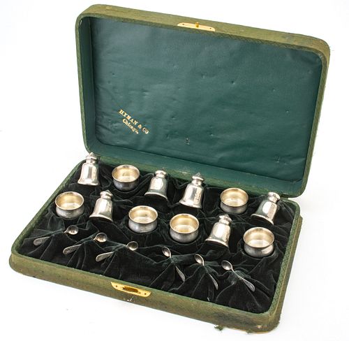 HYMAN & CO. (CHICAGO) STERLING SILVER OPEN SALTS + SPOONS & PEPPERS, C. 1890, 18 PCS, H 3/4"-1.5", T.W. 2.82 TOZ 