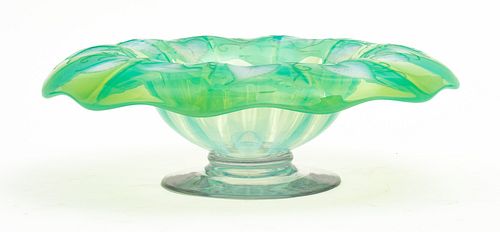 LIBBEY OPALESCENT OVERLAID WITH GREEN AND LAVENDER CENTER BOWL C 1933 H 7.5" DIA 13" 