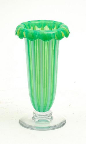 LIBBEY GLASS FLOWER VASE,  GREEN AND OPALESCENT C 1930 H 8.2" 