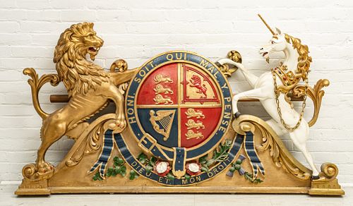 POLYCHROMED CARVED WOOD ROYAL COAT OF ARMS OF THE UNITED KINGDOM, 20TH C., H 44", W 80", D 6" 