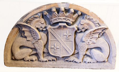 CEMENT ARCHITECTURAL ELEMENT WITH COAT OF ARMS, 20TH C., H 26.5", W 46.5", D 4" 