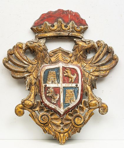 SPANISH CARVED AND PAINTED WOOD COAT OF ARMS OF TOLEDO, 20TH C., H 36", W 30" 