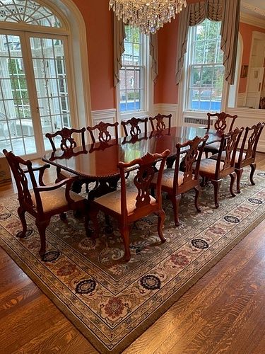 CHIPPENDALE STYLE MAHOGANY BANQUET TABLE & 10 CHAIRS (3-PEDESTAL TABLE) 