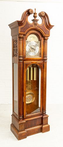 HOWARD MILLER, CARVED MAHOGANY GRANDFATHER CLOCK, H 7'10" W 2'6" D 1'4" 