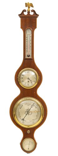 CHELSEA FEDERAL STYLE MAHOGANY BAROMETER - THERMOMETER-CLOCK H 31" W 8" 