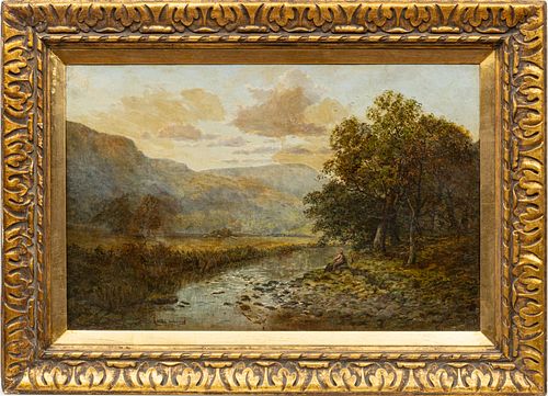 A. WARD ...?, SIGNED OIL ON CANVAS 1885, H 24" W 29" LANDSCAPE WITH FISHERMAN 