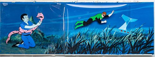 "THE GREEN LANTERN" T.V. SERIES PRODUCTION ANIMATION CELS WITH HAND PAINTED BACKGROUND, C. 1967, H 9", W 29" (VISIBLE IMAGE) 