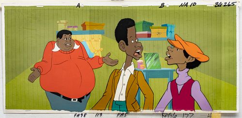 "FAT ALBERT" PRODUCTION ANIMATION CELS WITH HAND PAINTED BACKGROUND, C. 1970S, H 9", W 22" (VISIBLE IMAGE) 