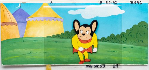 "MIGHTY MOUSE" PRODUCTION ANIMATION CEL WITH HAND PAINTED BACKGROUND, C. 1979, H 9", W 21" (VISIBLE IMAGE) 