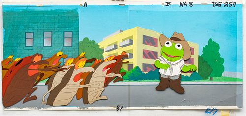 "MUPPET BABIES" PRODUCTION ANIMATION CELS WITH HAND PAINTED BACKGROUND, C. 1980S, H 9", W 23" (VISIBLE IMAGE) 
