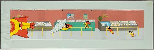 "MIGHTY MOUSE" PRODUCTION ANIMATION CELS WITH HAND PAINTED BACKGROUND, 1979, H 5", W 35" 