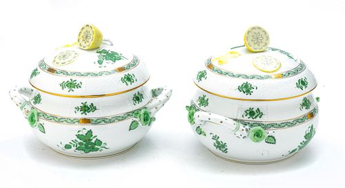 HEREND 'CHINESE BOUQUET GREEN' PORCELAIN COVERED CASSEROLES, PAIR, H 8", L 10"