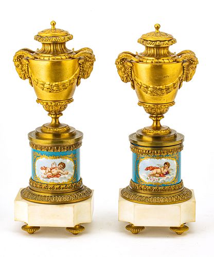 FRENCH DORE BRONZE & SEVRES PORCELAIN MARBLE URNS, 19TH C, H 15", W 5"