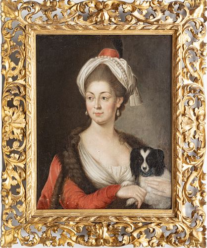 GERMAN OIL ON CANVAS, 19TH CENTURY, H 25.75" W 20" PORTRAIT OF A LADY WITH HER DOG 
