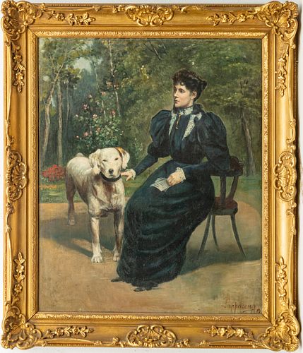 SIGNED PAPPACENO, OIL ON CANVAS, 1897, H 23.5", W 19", PORTRAIT OF A WOMAN WITH HER DOG 