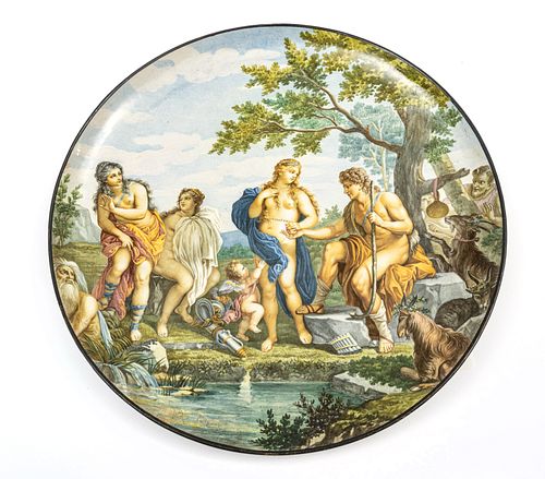GINORI, ITALIAN HAND PAINTED PORCELAIN CHARGER, LATE 19TH C., DIA 17 3/4", "THE JUDGEMENT OF PARIS" 