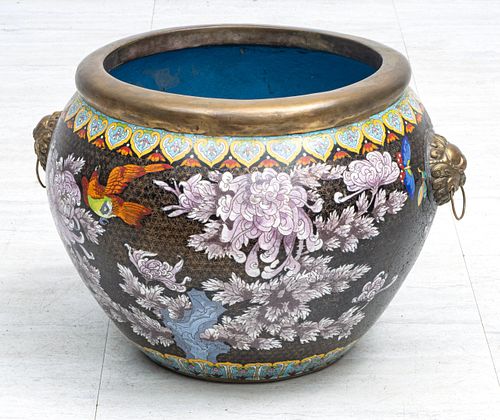 CLOISONNE ENAMEL CHINESE JARDINIERE, H 13.5", L 22", "WISTERIA AND FERN" 