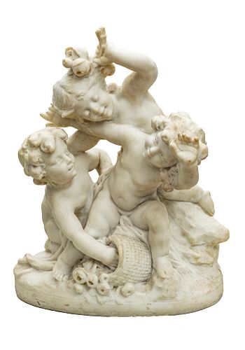 AFTER CHARLES RAPHAEL PEYRE (FRENCH, 1873-1949) CAST RESIN SCULPTURE, EARLY 20TH C., H 22.5", W 17", THREE PLAYFUL PUTTI 