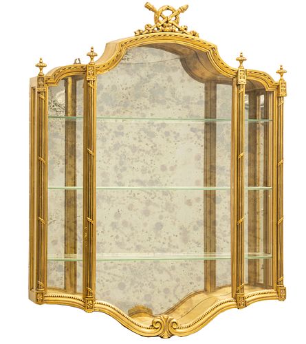 FRENCH STYLE GILT WOOD HANGING DISPLAY CABINET CD 1920, H 40" W 32" D 7" 