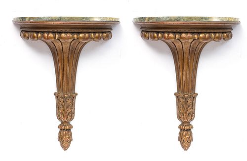 REGENCY STYLE GILTWOOD AND MARBLE  CURIO SHELVES PAIR H 31" W 17" CENTURY FURNITURE 