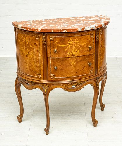 FRENCH LOUIS XV STYLE BURR WALNUT DEMILUNE, MARBLE TOP COMMODE C 1900 H 33" W 29" D 14" 