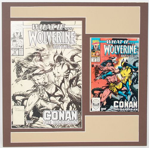 GARY KWAPISZ PENCIL, INK AND COLLAGE COVER ART DRAWING, C. 1990, H 15", W 10" (DRAWING), "WHAT IF WOLVERINE BATTLED CONAN THE BARBARIAN" 