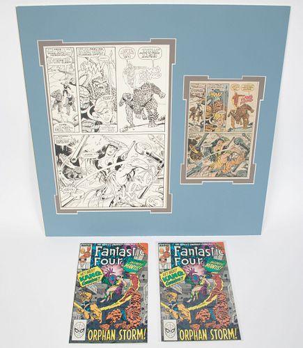 KEITH POLLARD AND ROMEO TANGHAL, FANTASTIC FOUR #323 PENCIL AND INK PRODUCTION DRAWING WITH TWO COMIC BOOKS, 1989, H 15 1/2", W 10" (DRAWING) 