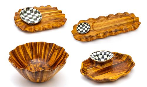 MACKENZIE-CHILDS (CO.) LAMINATED ACACIA WOOD COURTLY CHECK CHIP AND DIP SET, BREAD TRAY, CHEESE PLATTER AND SALAD BOWL (7 PCS) H 1.25-7.75" DIA 15.25"