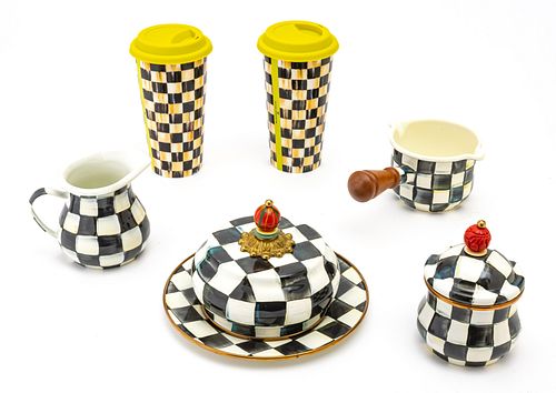 MACKENZIE-CHILDS (CO.) (AMERICAN, 1983) COURTLY CHECK BUTTERHOUSE; SUGAR BOWL; CREAMER; TURKISH COFFEE POT AND TWO TRAVEL CUPS (6 PCS) H 3.25-7.5" 