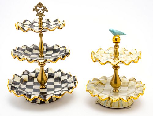 MACKENZIE-CHILDS (CO.) (AMERICAN, 1983) HAND-PAINTED CERAMIC WITH GOLD LUSTRE, COURTLY CHECK AND PARCHMENT CHECK SWEET STANDS, H 11.5-17" DIA 7.5-11" 