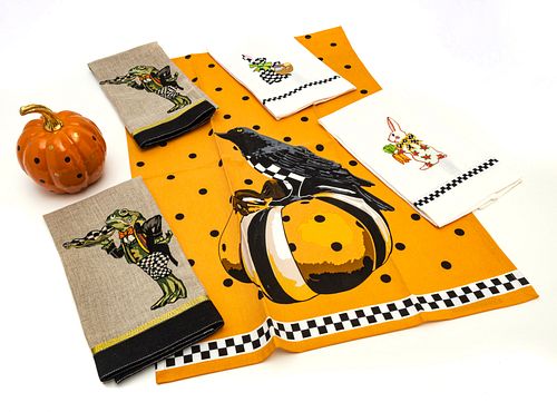 MACKENZIE-CHILDS (CO.) (AMERICAN, 1983) DOTTY PUMPKIN AND HOLIDAY HAND TOWELS (6 PCS) H 6-16.5" 