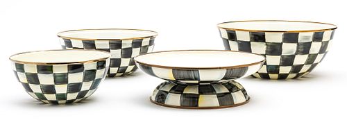 MACKENZIE-CHILDS (CO.) (AMERICAN, 1983) COURTLY CHECK ENAMEL EVERYDAY BOWLS (SMALL, MEDIUM, LARGE) AND FRUIT BOWL (4 PCS) H 3.25-4.75" DIA 7.5-11" 