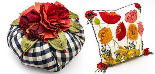 MACKENZIE-CHILDS (CO.) (AMERICAN, 1983) RED POPPY SQUARE PILLOW AND COURTLY CHECK FLOWER PILLOW (2 PCS) H 18" W 18" 