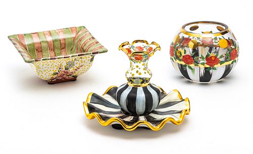 MACKENZIE-CHILDS (CO.) (AMERICAN, 1983) HAND PAINTED CERAMIC SMALL BOWL AND PLATE; TWO HAND PAINTED CERAMIC VASES  (4 PCS) H 3-5.5" DIA 5.5-7" 