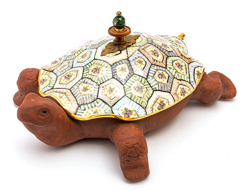 MACKENZIE-CHILDS (CO.) (AMERICAN, 1983) HAND PAINT CERAMIC POTTERY AND PORCELAIN  TORQUAY TURTLE TUREEN H 7" W 11" L 15" 