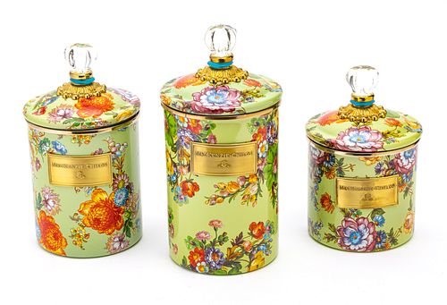 MACKENZIE-CHILDS (CO.) (AMERICAN, 1983) FLOWER MARKET ENAMEL CANISTERS GROUP OF THREE H 8-10.5" DIA 5.5" 