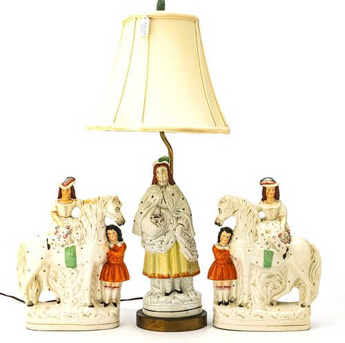 STAFFORDSHIRE EARTHENWARE FIGURINES & LAMP, 19TH C, 3 PCS, H 12.5"-27"