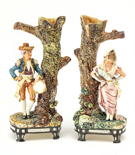 MAJOLICA FIGURINES WITH VASES C. 1900, H 13" W 5.5" "BOY WITH TAMBOURINE" & "GIRL WITH FAN" 