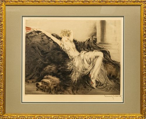 LOUIS ICART (FRENCH, 1888-1950) ETCHING AND DRYPOINT ON WOVE PAPER, 1925, H 15", W 19", "LAZINESS" (H.C.I. 246) 