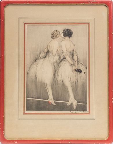 LOUIS ICART (FRENCH 1888-1950) ETCHING ON PAPER, C. 1926, H 11", W 7.9", "BACKSTAGE" 