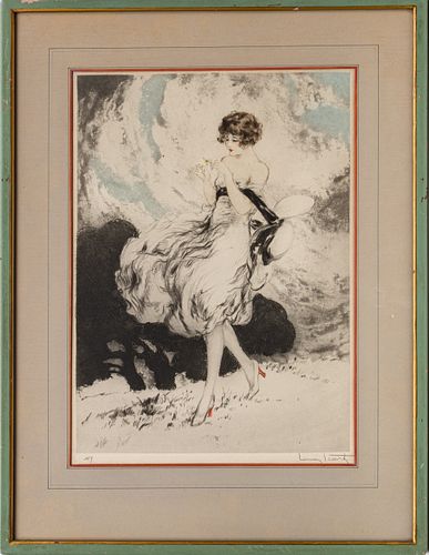 LOUIS ICART (FRENCH 1888-1950) ETCHING ON PAPER, C. 1926, H 16 1/2", W 11 7/8", "HE LOVES ME, HE LOVES ME NOT" 