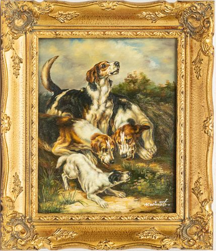 SIGNED, OIL ON BOARD H 9.75" W 7.5" HUNTING DOGS 