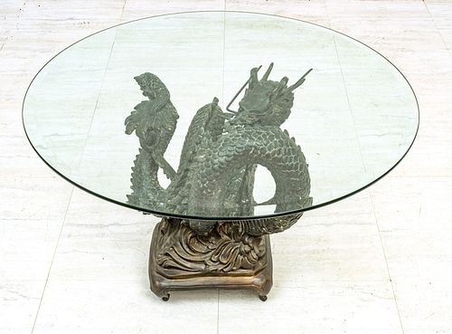 ASIAN BRONZE AND GLASS TOP DRAGON TABLE, H 20" DIA 36" 