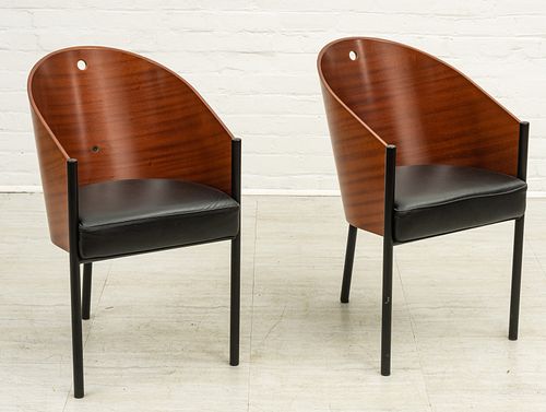  PHILIPPE STARCK; ALEPH/DRIADE WOOD, STEEL AND LEATHER COSTES ARMCHAIRS, PAIR, H 31.5" W 17" D 18" 