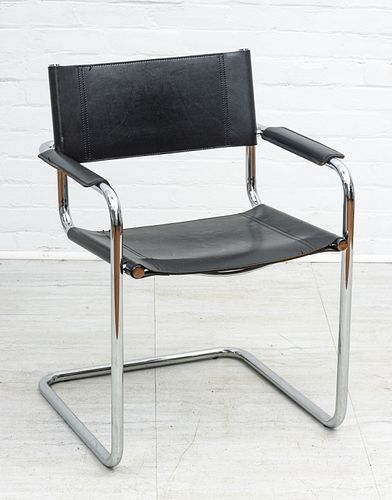MART STAM BLACK LEATHER AND STEEL ARMCHAIR H 31" W 24" D 22" 