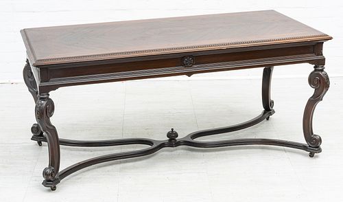 CARVED WOOD, TWO DRAWER MAHOGANY DESK WITH SCROLL LEGS H 27" W 59" D 28" 