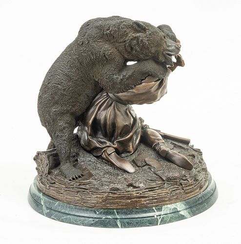 NIKOLAI IVANOVICH LIEBERICH (1828- FABR. C. F. WOERFFEL, ST PETERSBURG, BRONZE H 14" DIA 12" ATTACK OF THE GRIZZLY 