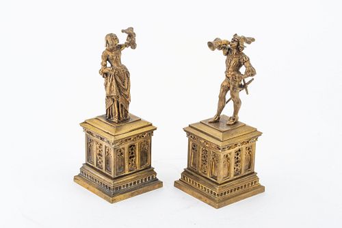 ANTONIN MOINE (FRENCH, 1796-1849) BRONZE STATUETTES, PAIR, H 8", W 3", MEDIEVAL FIGURES 