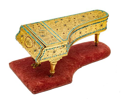 J.  SOUTHCOMBE, LONDON GILT METAL MINIATURE "CONCERT GRAND PIANO" INK STAND W 4.2" L 9" 